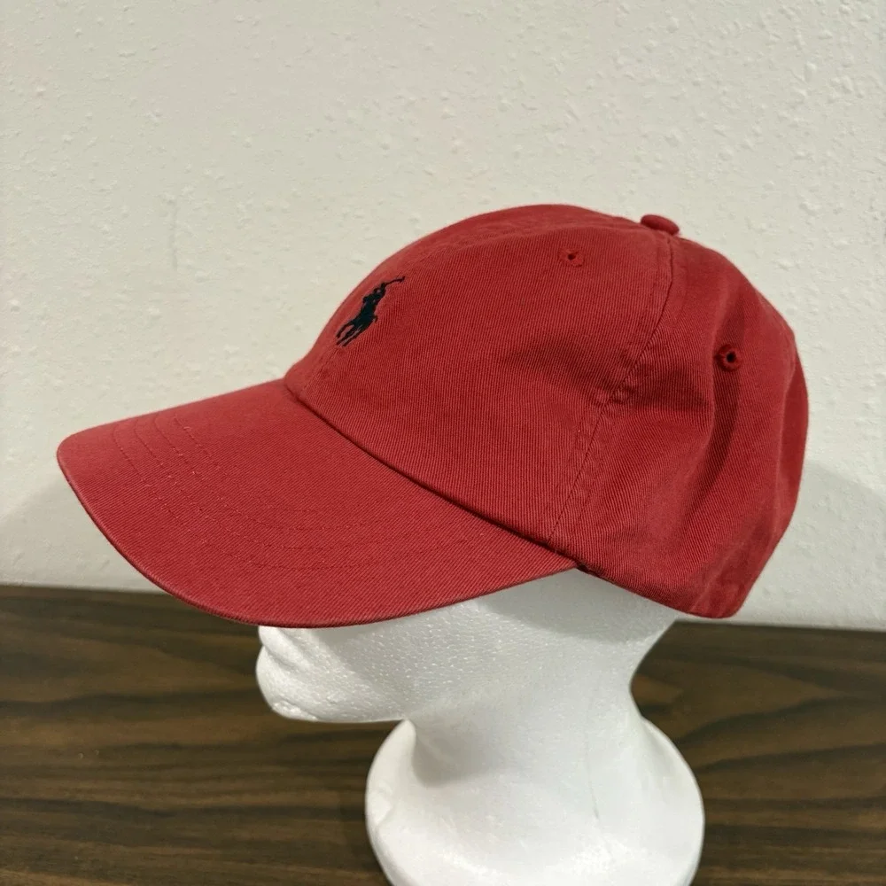 Vtg Polo Ralph Lauren Red Cotton Chino Baseball Cap Black Pony Logo Hat Spellout
